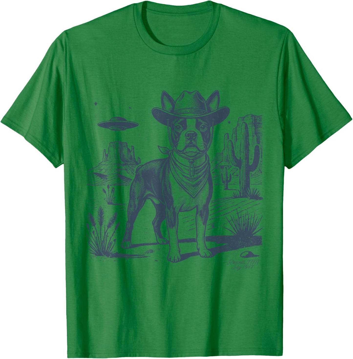 Vintage Alien UFO Western Cowboy Boston Terrier Dog Desert T-Shirt - T-Shirt | Irish Green