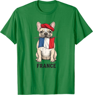 French Bulldog with Flag Beret France Art Travel Souvenir T-Shirt - T-Shirt | Irish Green