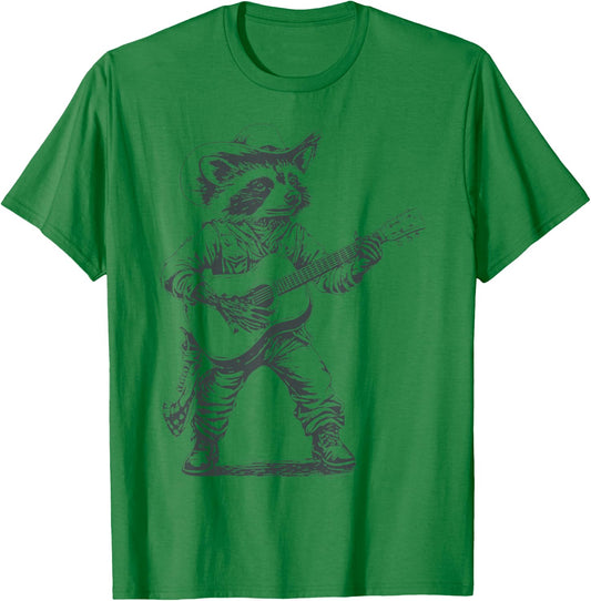 Vintage 90s Cowboy Racoon Playing Guitar Musician Western T-Shirt - T-Shirt | Irish Green