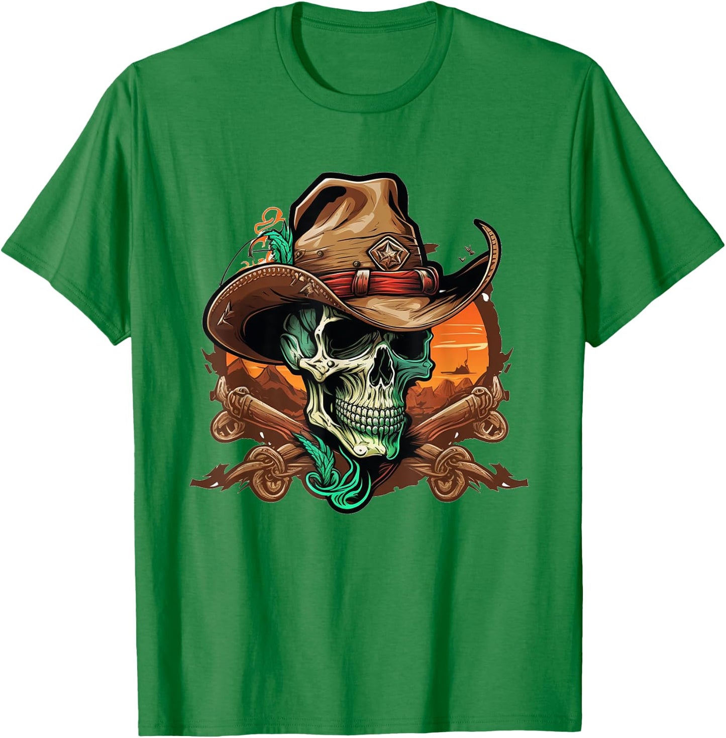 Skull Wearing Cowboy Hat Skeleton T-Shirt - T-Shirt | Irish Green