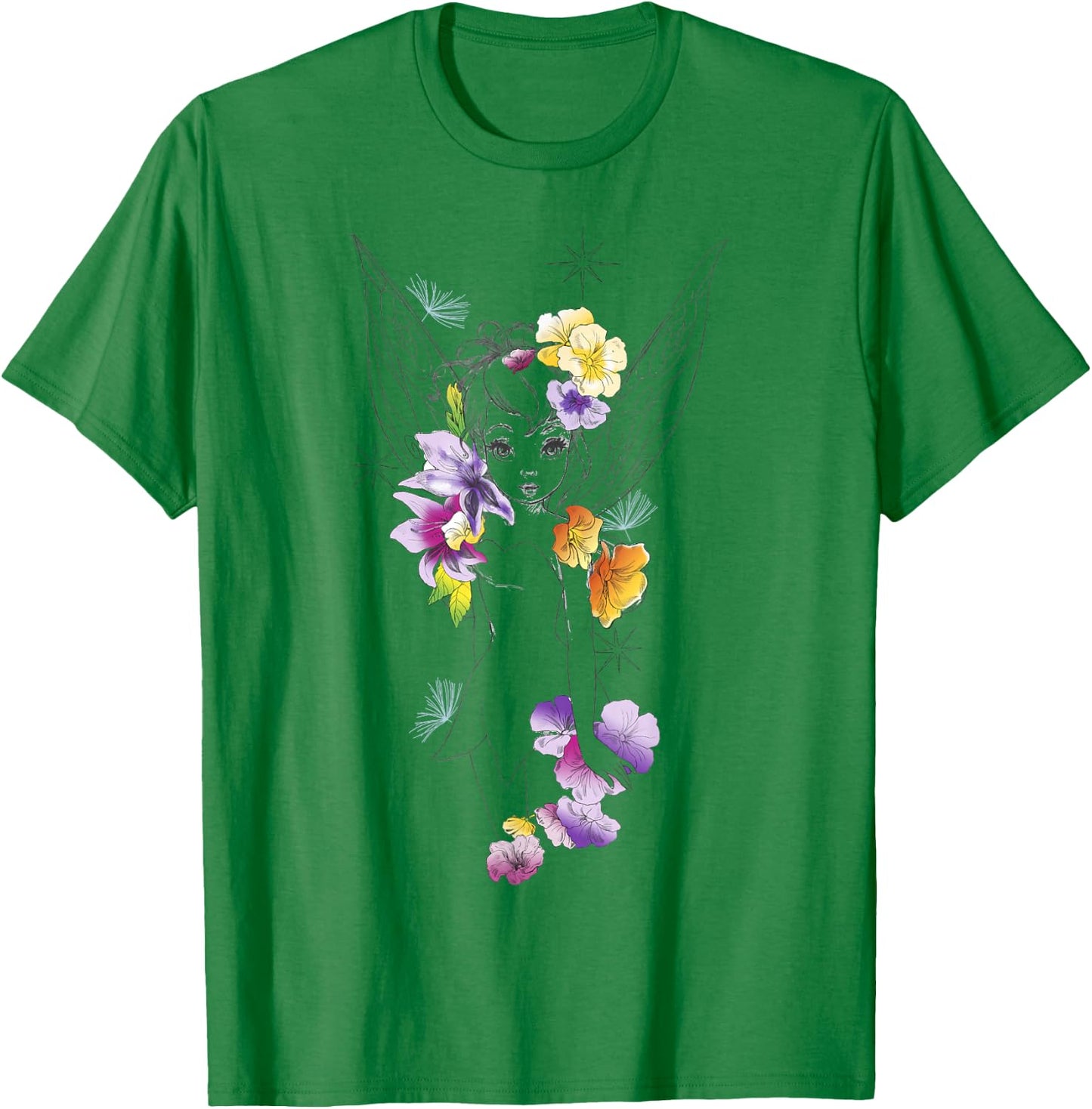 Disney Peter Pan Tinker Bell Outline Floral Sketch Portrait T-Shirt - T-Shirt | Irish Green