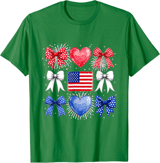 Bow American Flag 4th of July Fourth US Patriotic Women Girl T-Shirt - T-Shirt | Irish Green
