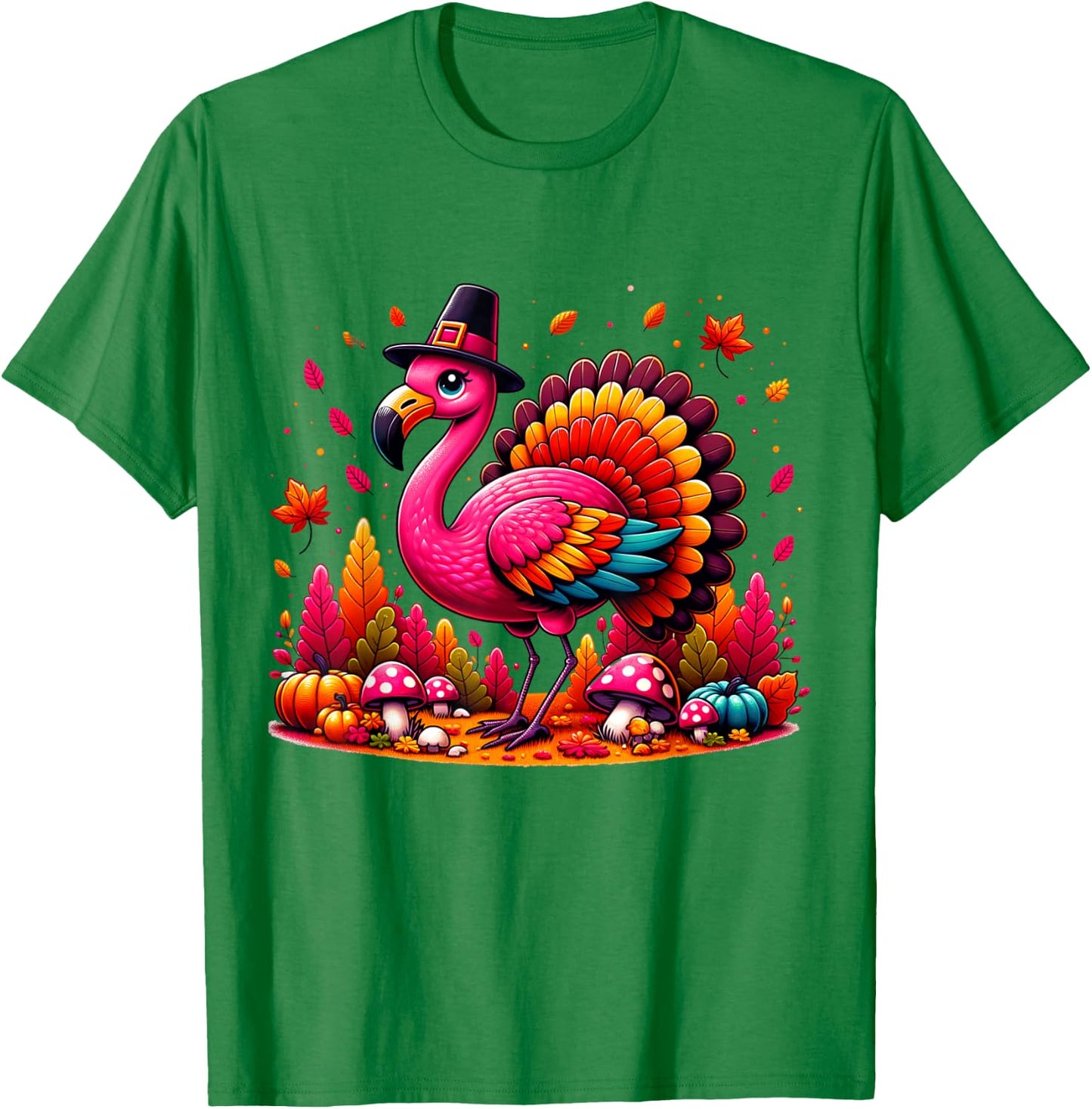 Flamingo Turkey Cute Flamingo Turkey Fall Leaf Thanksgiving T-Shirt - T-Shirt | Irish Green
