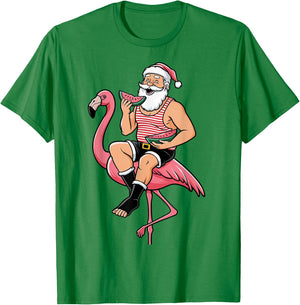 Santa Flamingo Floatie Christmas In July Summer Watermelon Men Women Kids T-Shirt - T-Shirt | Irish Green