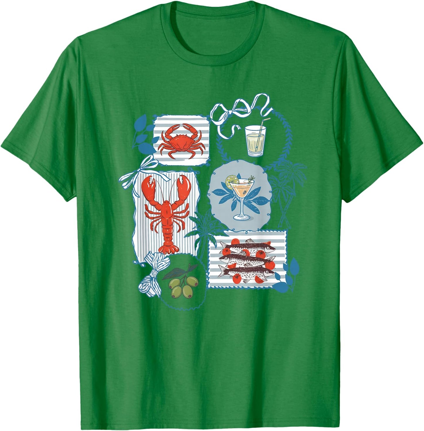Aesthetic Italian Summer Coastal Chic Lobster Crab Sardines T-Shirt - T-Shirt | Irish Green