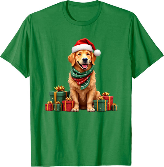 Golden Retriever dog, Christmas, Santa Hat T-Shirt - T-Shirt | Irish Green