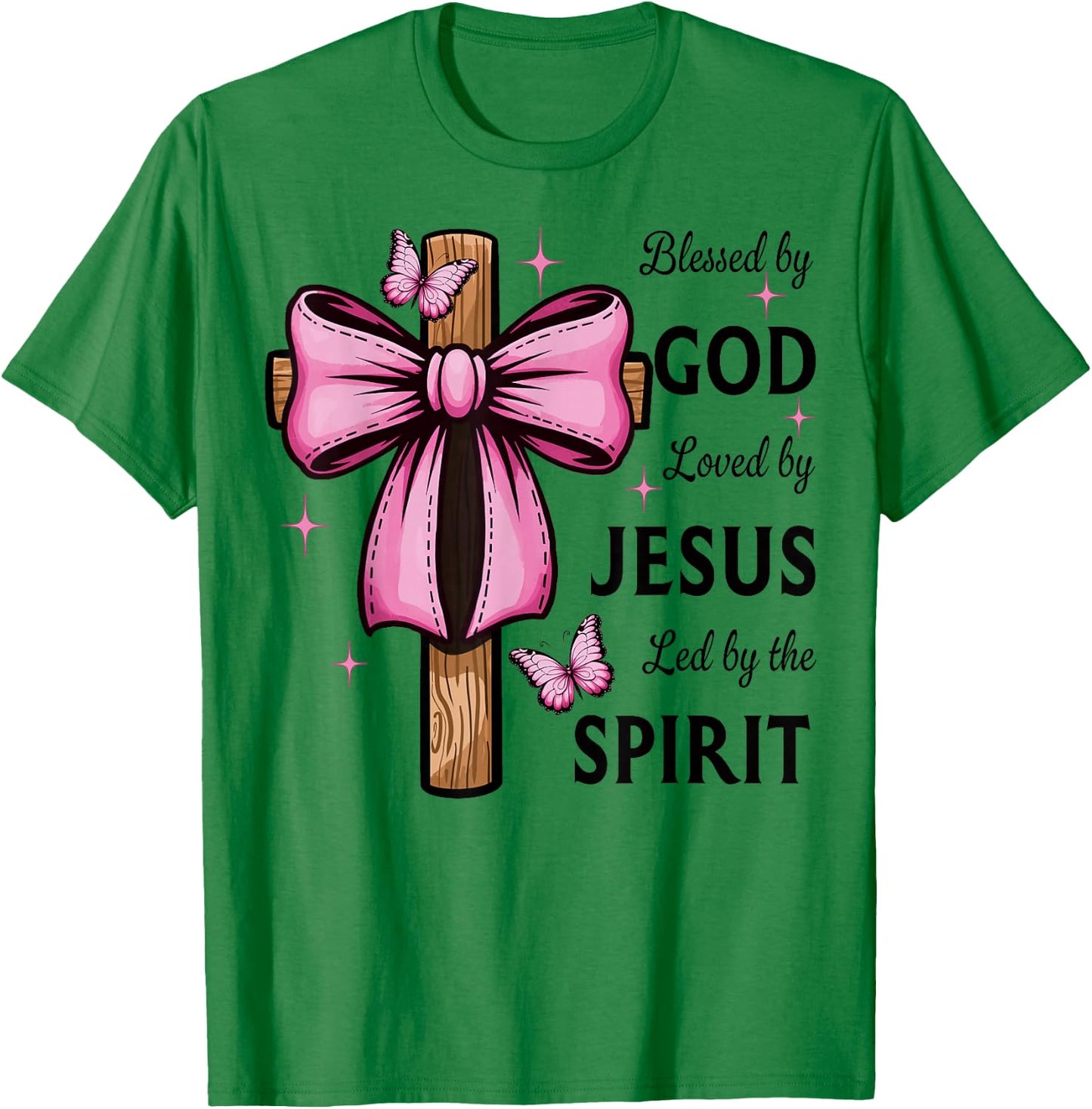 Blessed by God Loved by Jesus Pink Coquette Bow and Cross T-Shirt - T-Shirt | Irish Green