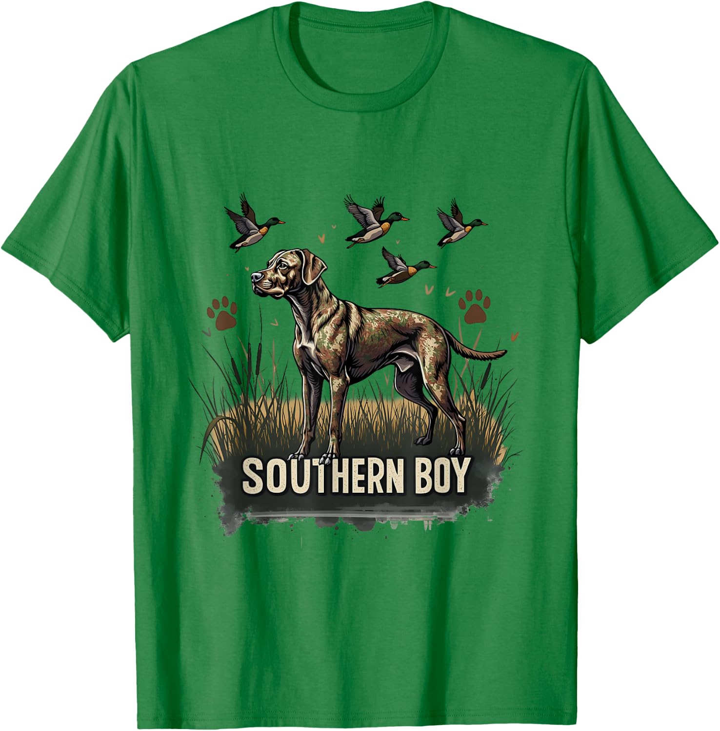 Retro Southern Boy Hunting Dog Waterfowl Dog Lovers Graphic T-Shirt - T-Shirt | Irish Green