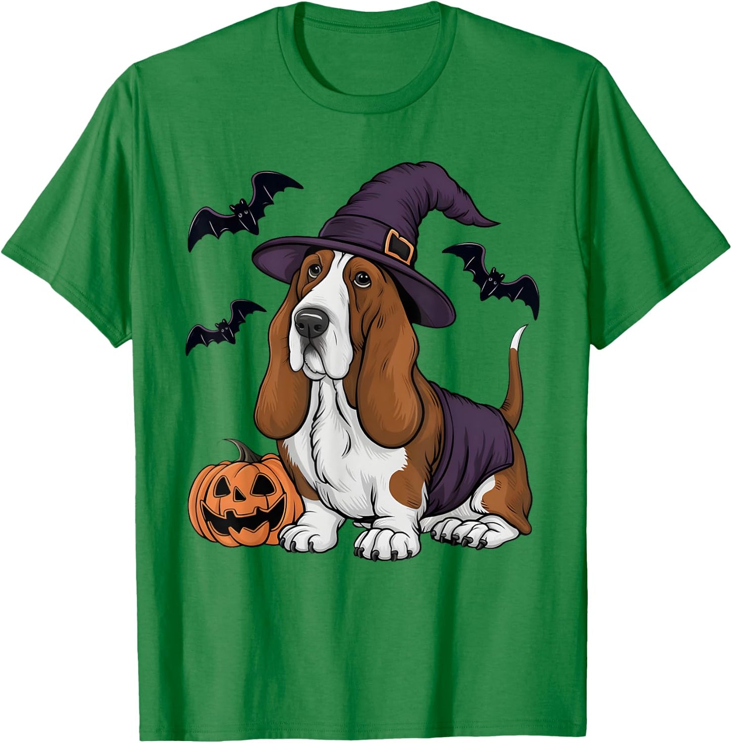 Pumpkin Bat Witch Costume Basset Hound Dog Halloween T-Shirt - T-Shirt | Irish Green