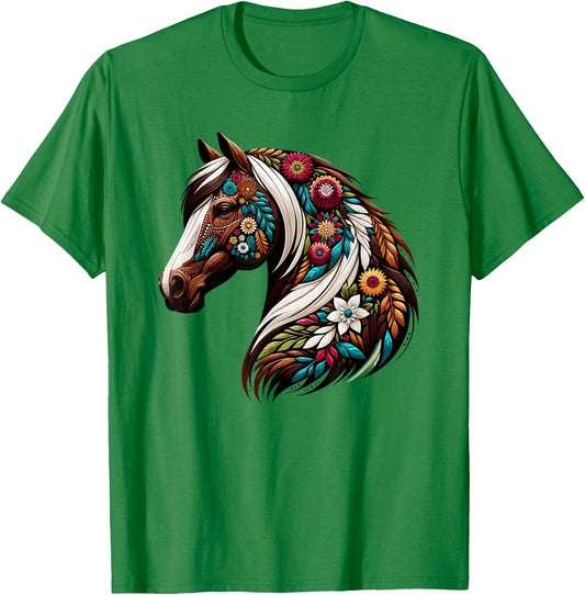 Equestrian Horse Riding, Western Horseback, Horse Flower T-Shirt - T-Shirt | Irish Green