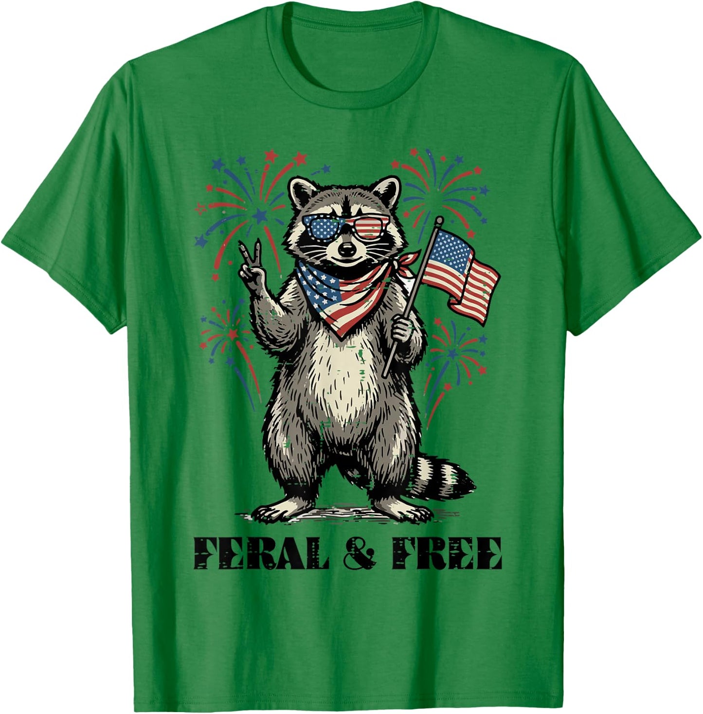 Raccoon Feral and Free US Flag 4th of July Men Women Kids T-Shirt - T-Shirt | Irish Green