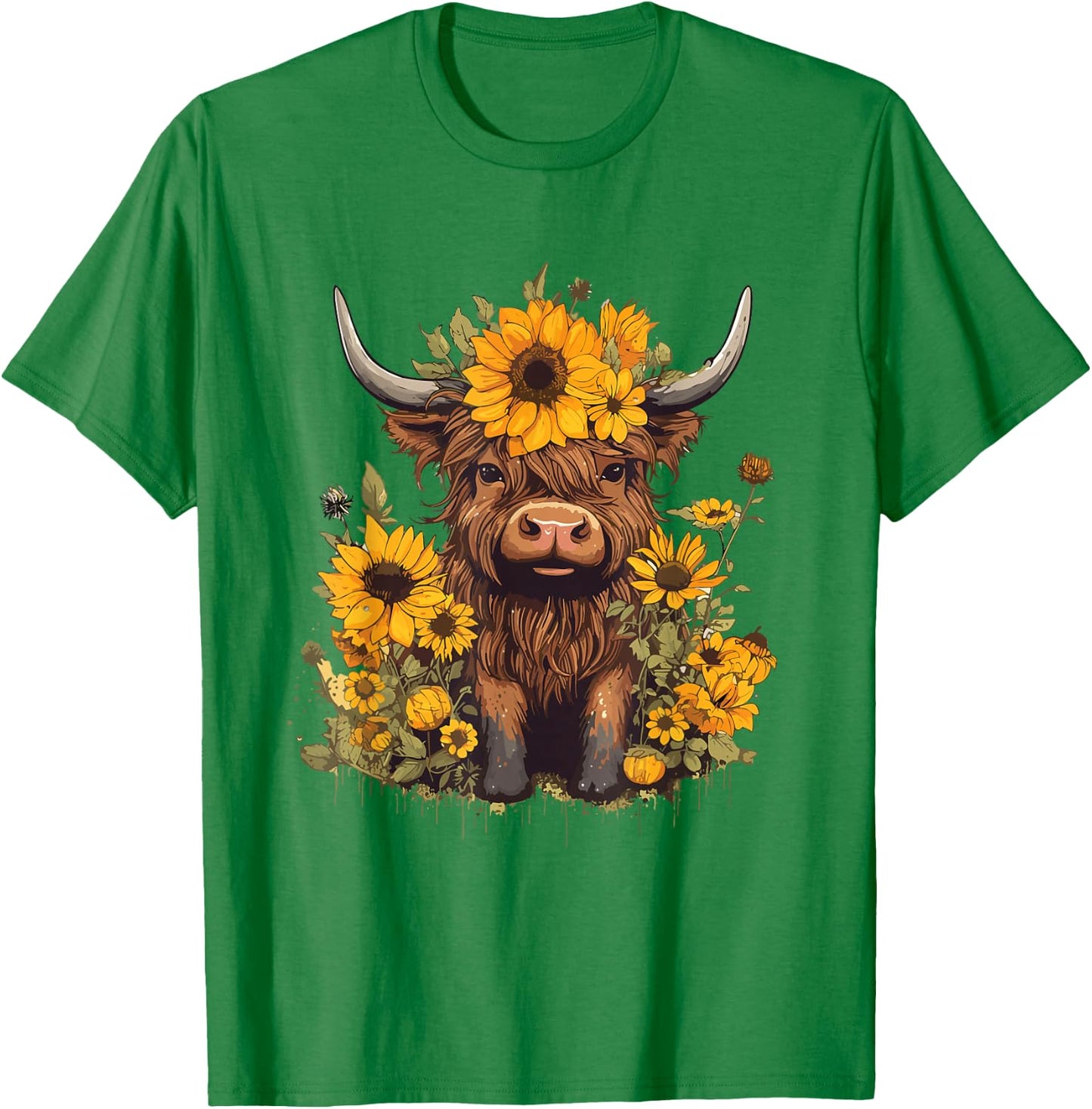 Scottish Highland Cow Sunflowers Heifer Country Farmer Girl T-Shirt - T-Shirt | Irish Green