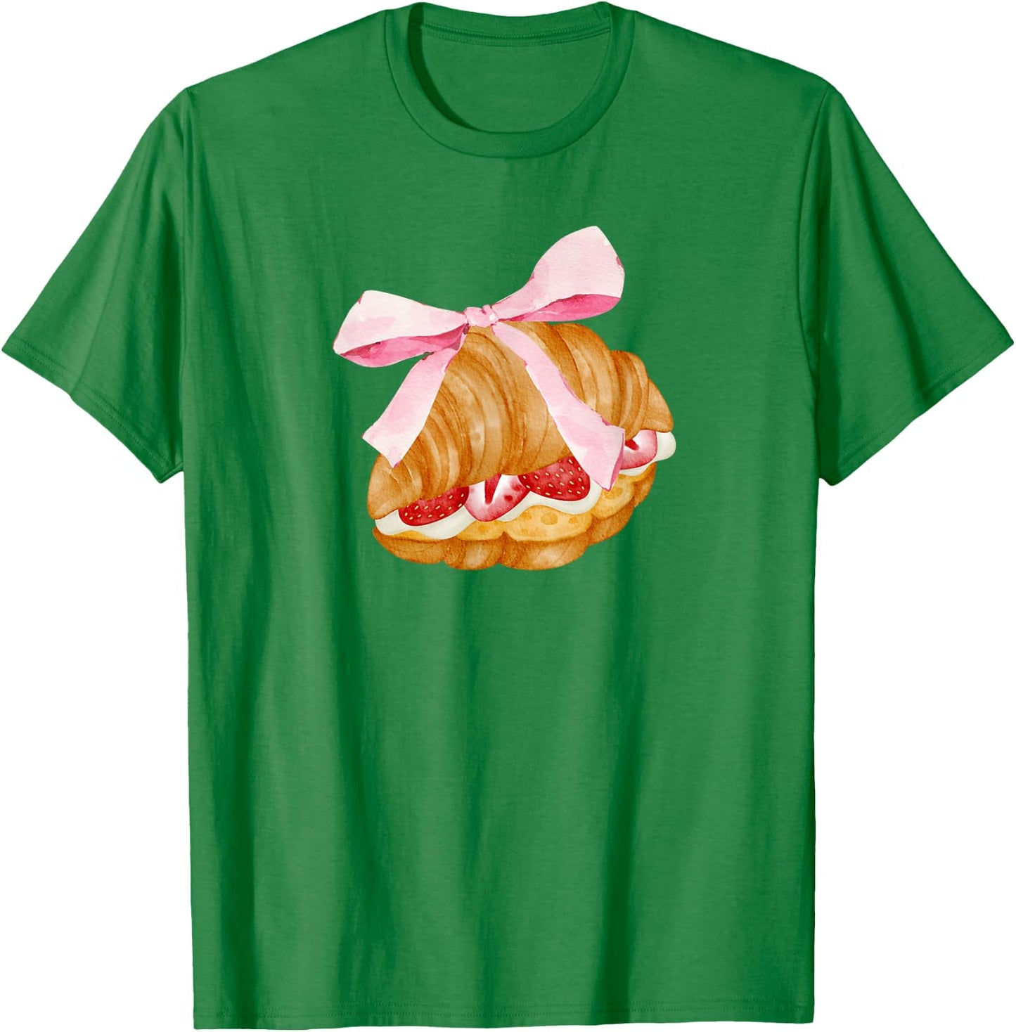 Strawberry croissant with pink bow and flirtatious , white, S T-Shirt - T-Shirt | Irish Green