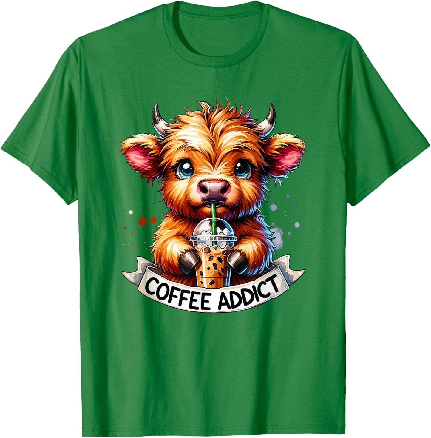 Cute Highland Cow Coffee Addict T-Shirt - T-Shirt | Irish Green