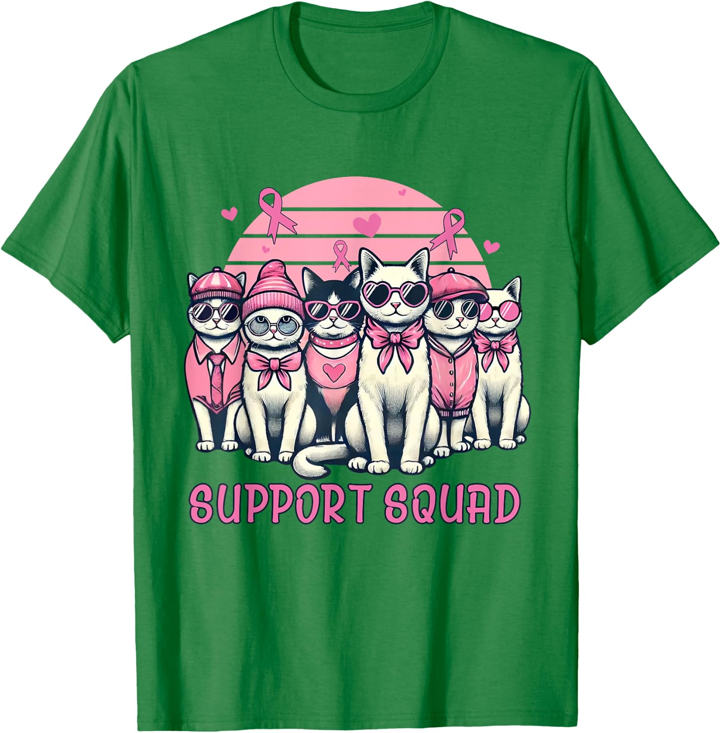 Support Squad Breast Cancer Women Cat Lover Pink Ribbon T-Shirt - T-Shirt | Irish Green