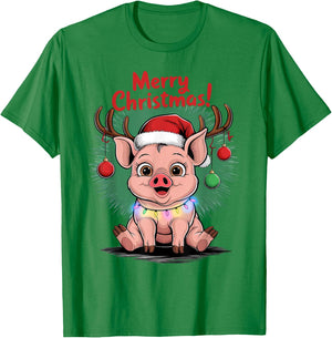 Pig Christmas Jumper, Merry Christmas Cute Funny Pigs T-Shirt - T-Shirt | Irish Green