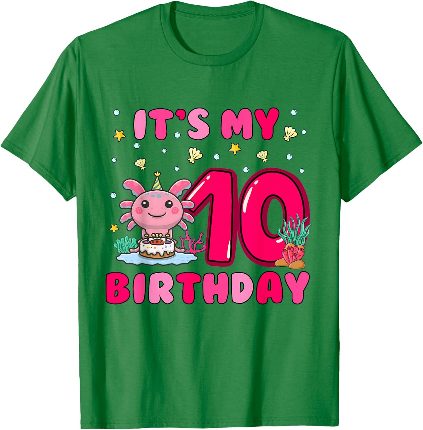 It's My 10th Birthday Girls 10 Years Old Birthday Axolotl T-Shirt - T-Shirt | Irish Green