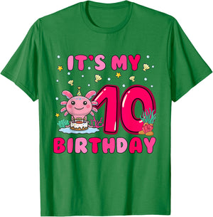 It's My 10th Birthday Girls 10 Years Old Birthday Axolotl T-Shirt - T-Shirt | Irish Green