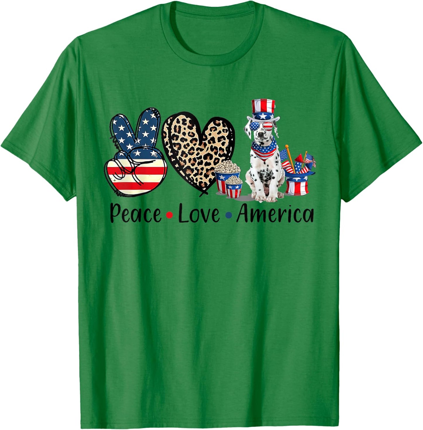 Peace Love Dalmatian Dog Patriotic America Flag 4th July Men Women T-Shirt - T-Shirt | Irish Green