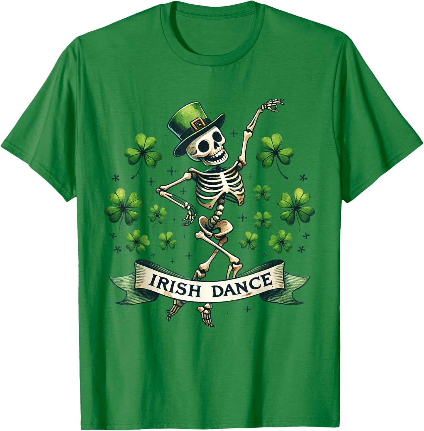 Irish Dance Skeleton Dancing Clover Funny Vintage T-Shirt - T-Shirt | Irish Green