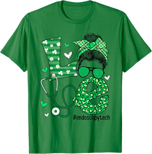 St Patrick's Day Shamrock Love Endoscopy Tech Life Messy Bun T-Shirt - T-Shirt | Irish Green