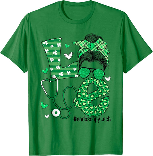 St Patrick's Day Shamrock Love Endoscopy Tech Life Messy Bun T-Shirt - T-Shirt | Irish Green