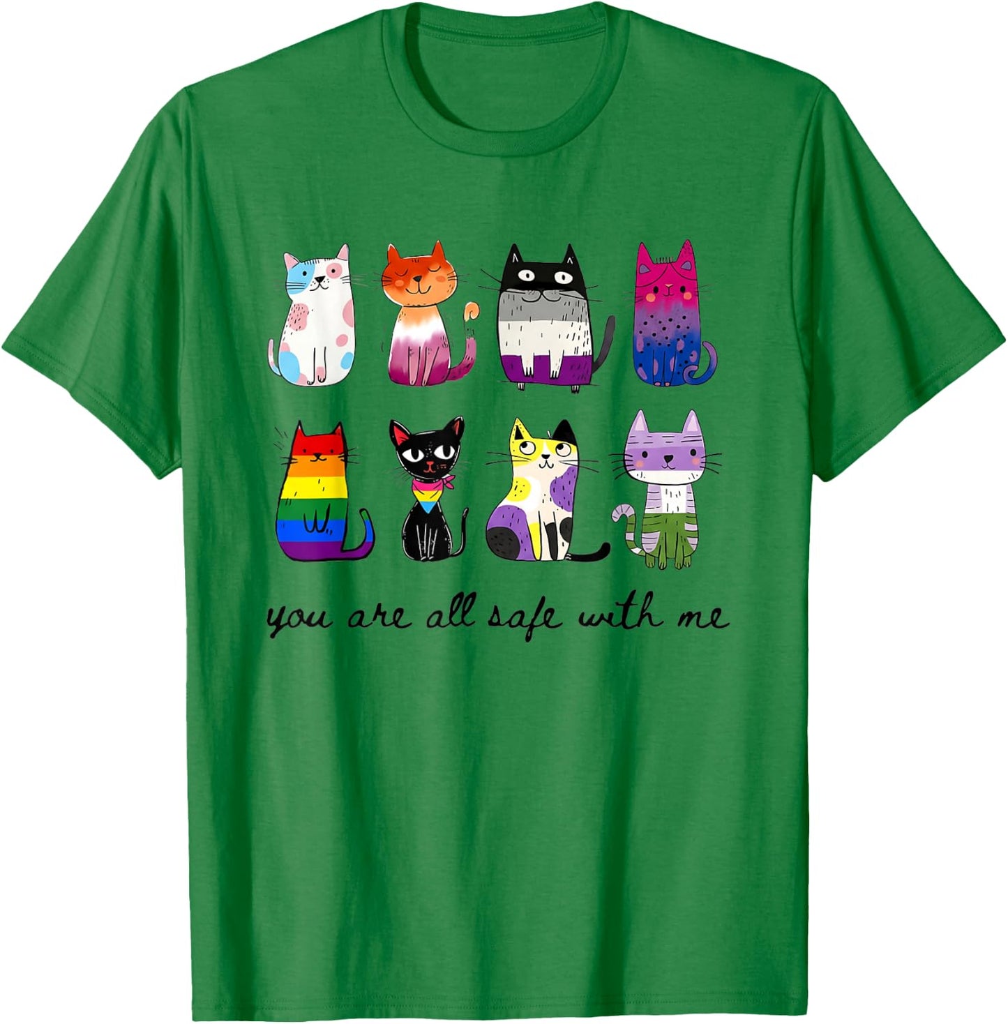 You are All Safe with Me Inclusive Pride Multi Flag LGBT Cat T-Shirt - T-Shirt | Irish Green