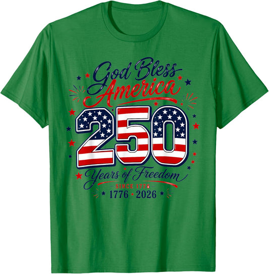 God Bless 250 Years of Freedom 4th of July T-Shirt - T-Shirt | Irish Green