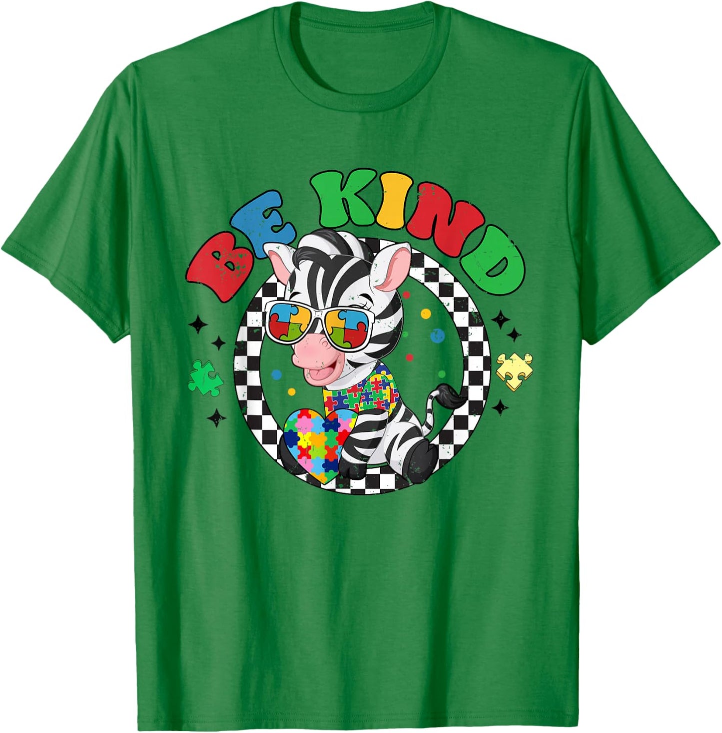 Retro Groovy Be Kind Zebra Sunglasses Autism Awareness T-Shirt - T-Shirt | Irish Green