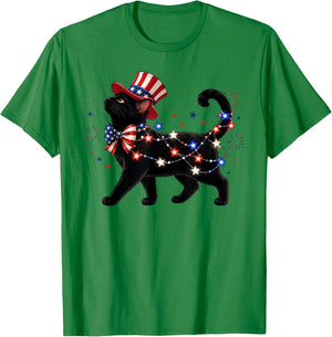 Patriotic Black Cat and Fireworks 4th of July Cat Lovers T-Shirt - T-Shirt | Irish Green