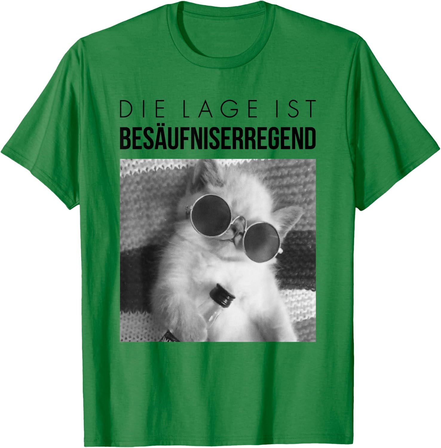 Fun with German Text "Die Lage ist besäufniserregend". Drunk Cat, White T-Shirt - T-Shirt | Irish Green