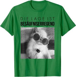 Fun with German Text "Die Lage ist besäufniserregend". Drunk Cat, White T-Shirt - T-Shirt | Irish Green