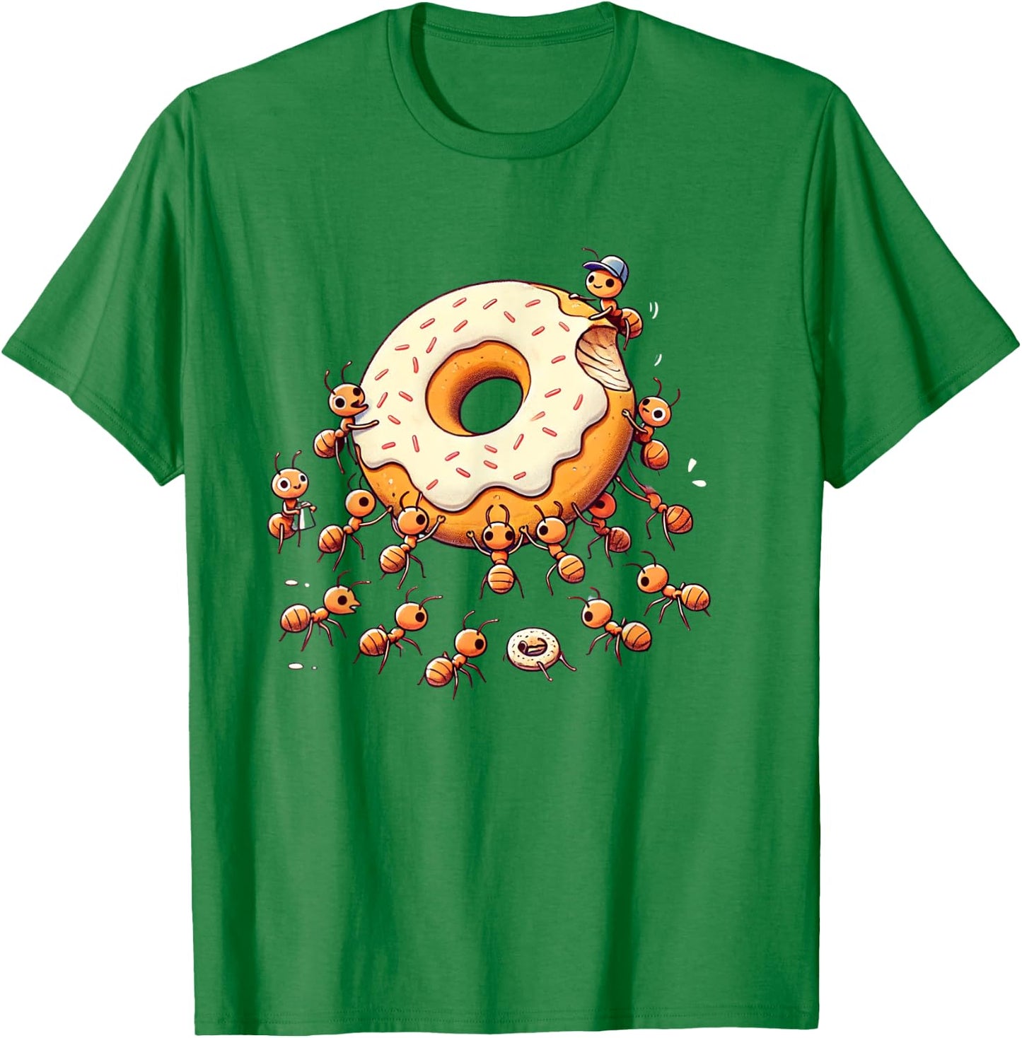 Cute Ants Carrying Giant Donut Funny Foodie Graphic T-Shirt - T-Shirt | Irish Green