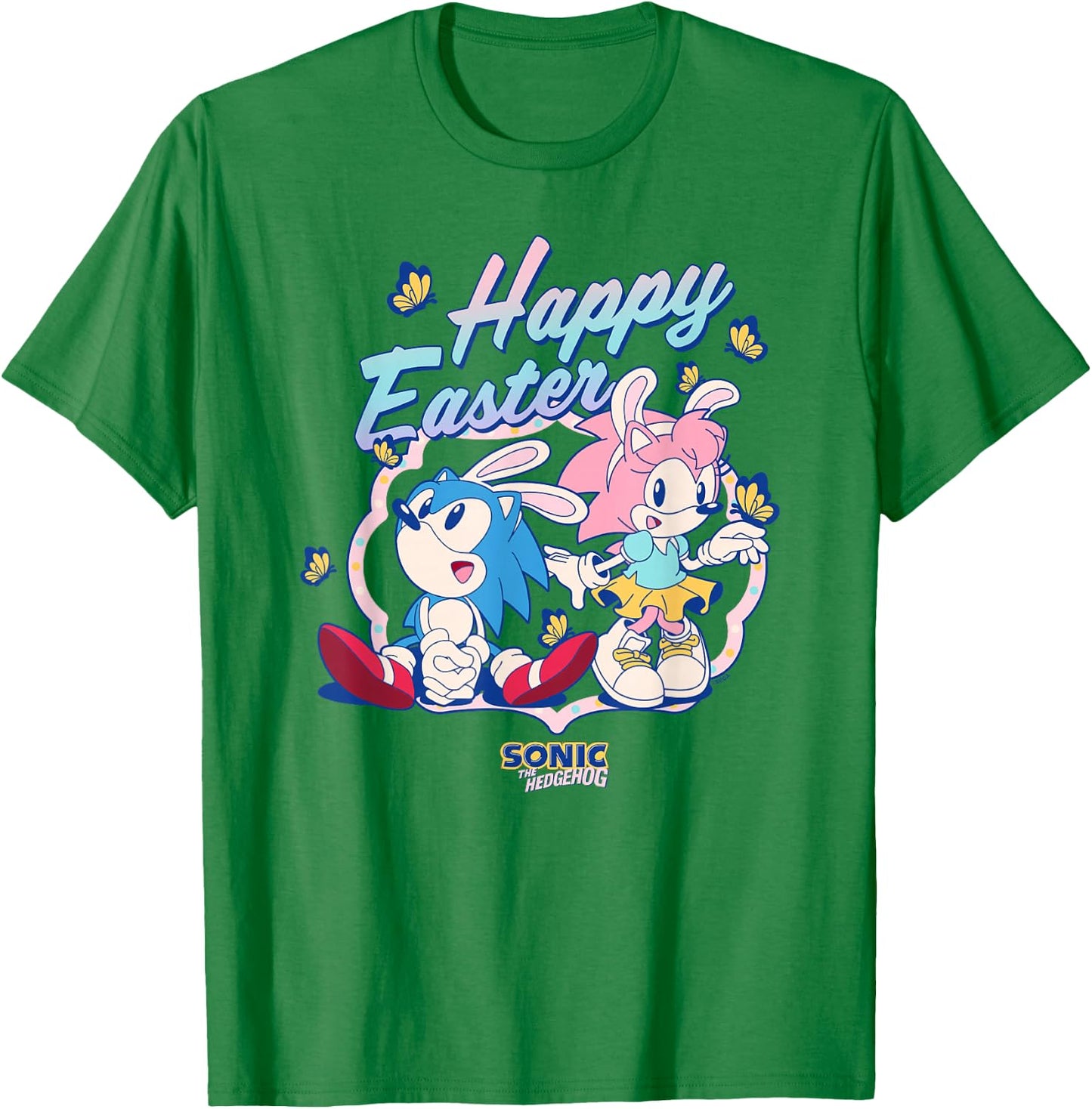 Sonic The Hedgehog Happy Easter Cute Sonic Amy Chest Logo T-Shirt - T-Shirt | Irish Green