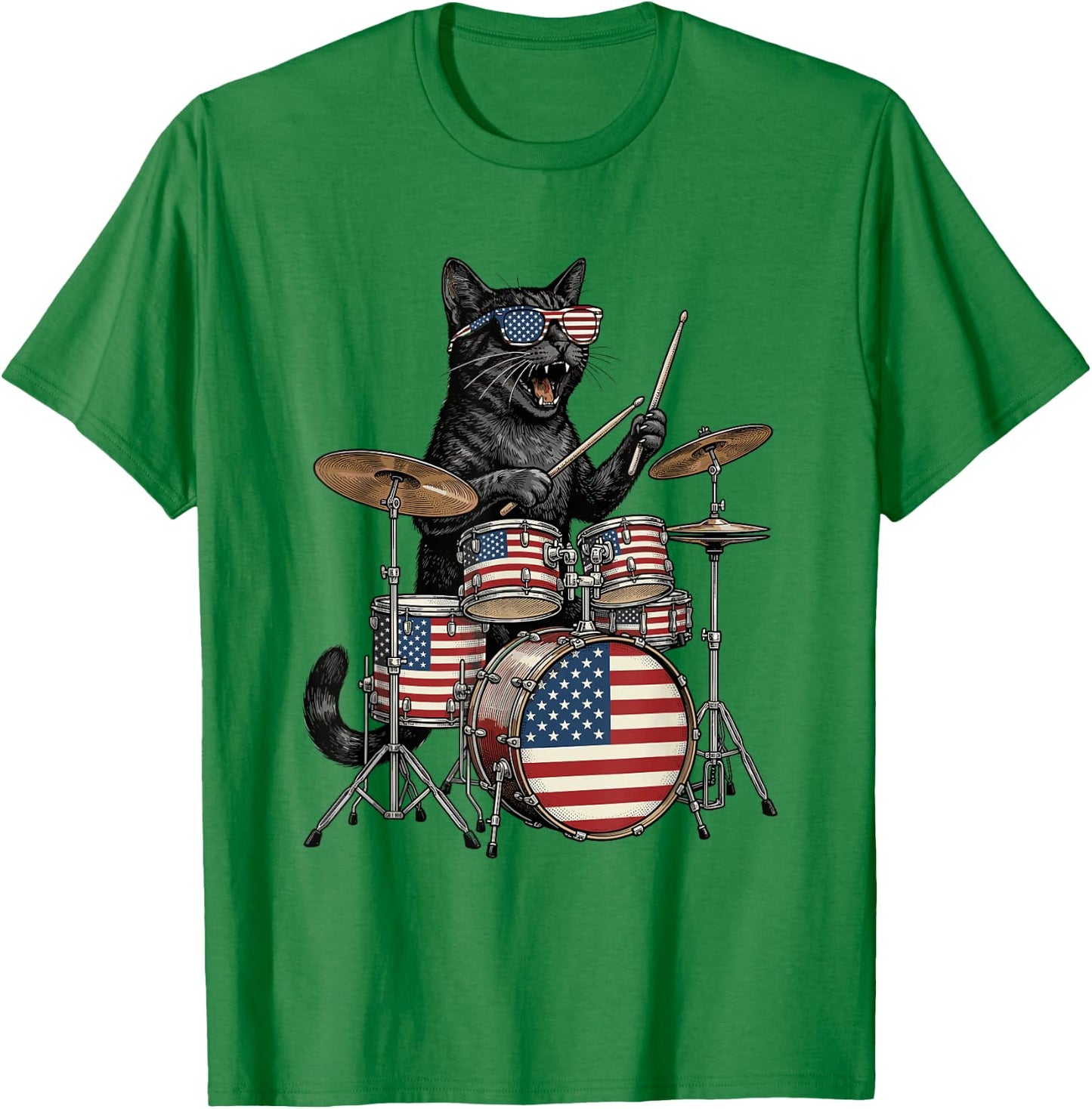 Cat Playing Drums American Flag Drumset 4th of July Drummer T-Shirt - T-Shirt | Irish Green