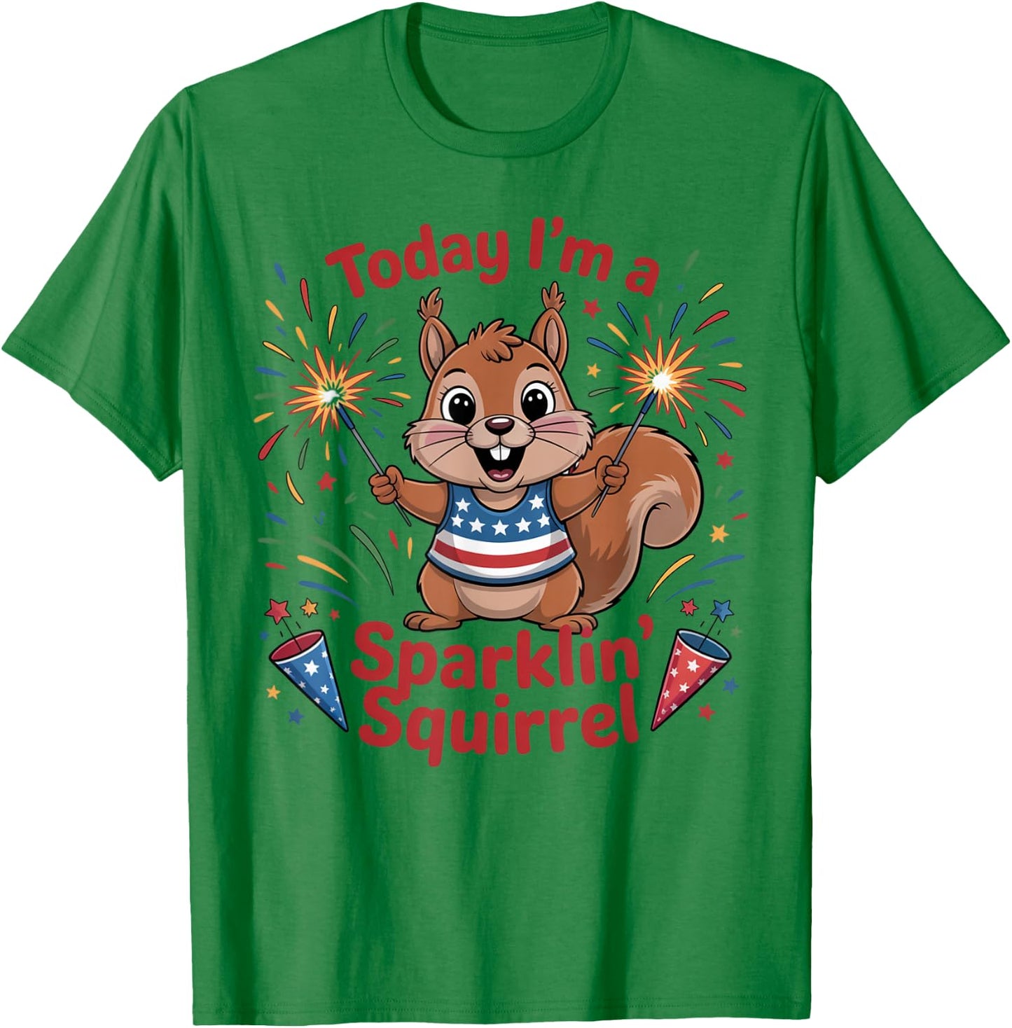 Sparklin' Squirrel 4th of July Fireworks Funny Cartoon T-Shirt - T-Shirt | Irish Green