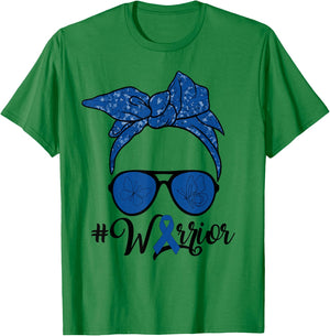Messy Bun Woman With Dark Blue Ribbon Colon Cancer Warrior T-Shirt - T-Shirt | Irish Green