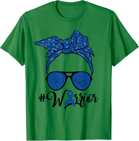Messy Bun Woman With Dark Blue Ribbon Colon Cancer Warrior T-Shirt - T-Shirt | Irish Green
