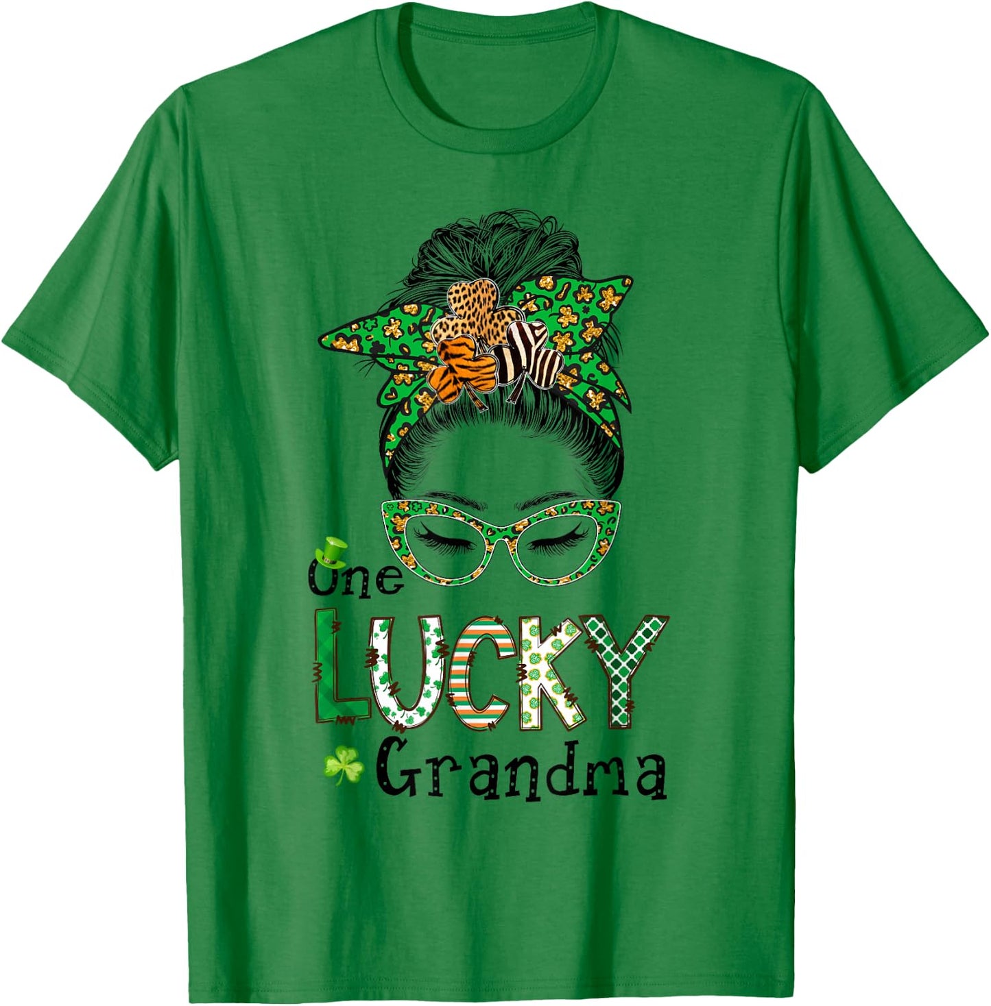 One Lucky Grandma Messy Bun St. Patrick's Day Plaid Leopard T-Shirt - T-Shirt | Irish Green