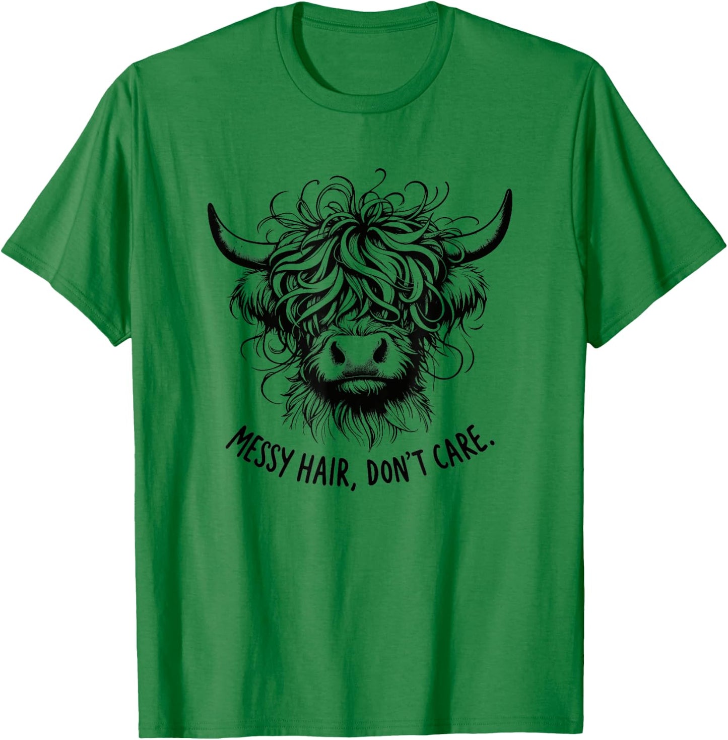 Highland Cow Messy Hair Don't Care T-Shirt - T-Shirt | Irish Green