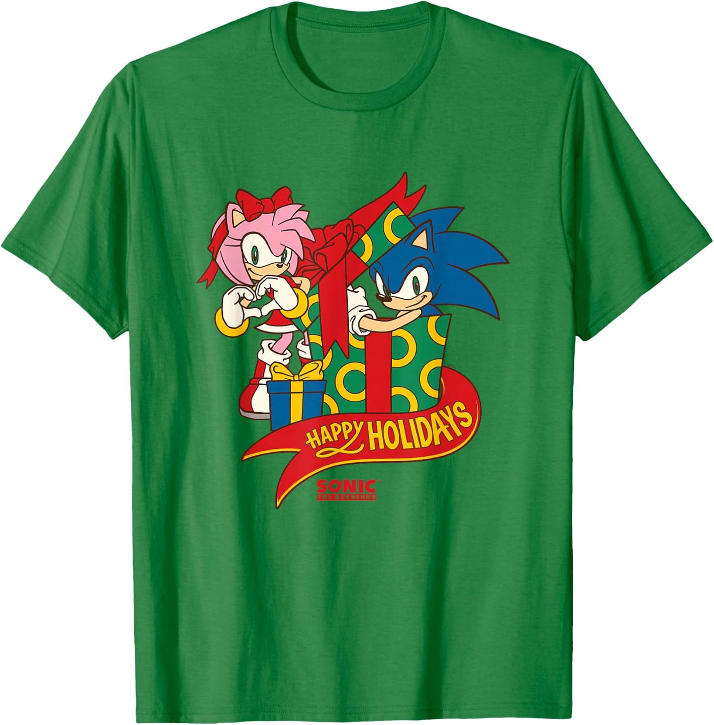 Sonic The Hedgehog Christmas Happy Holidays Sonic & Amy T-Shirt - T-Shirt | Irish Green