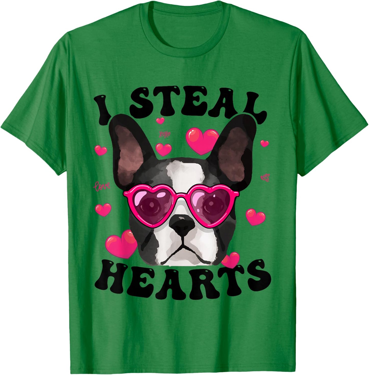 Boston Terrier Heart Glasses Girls Bostie Valentines Day T-Shirt - T-Shirt | Irish Green