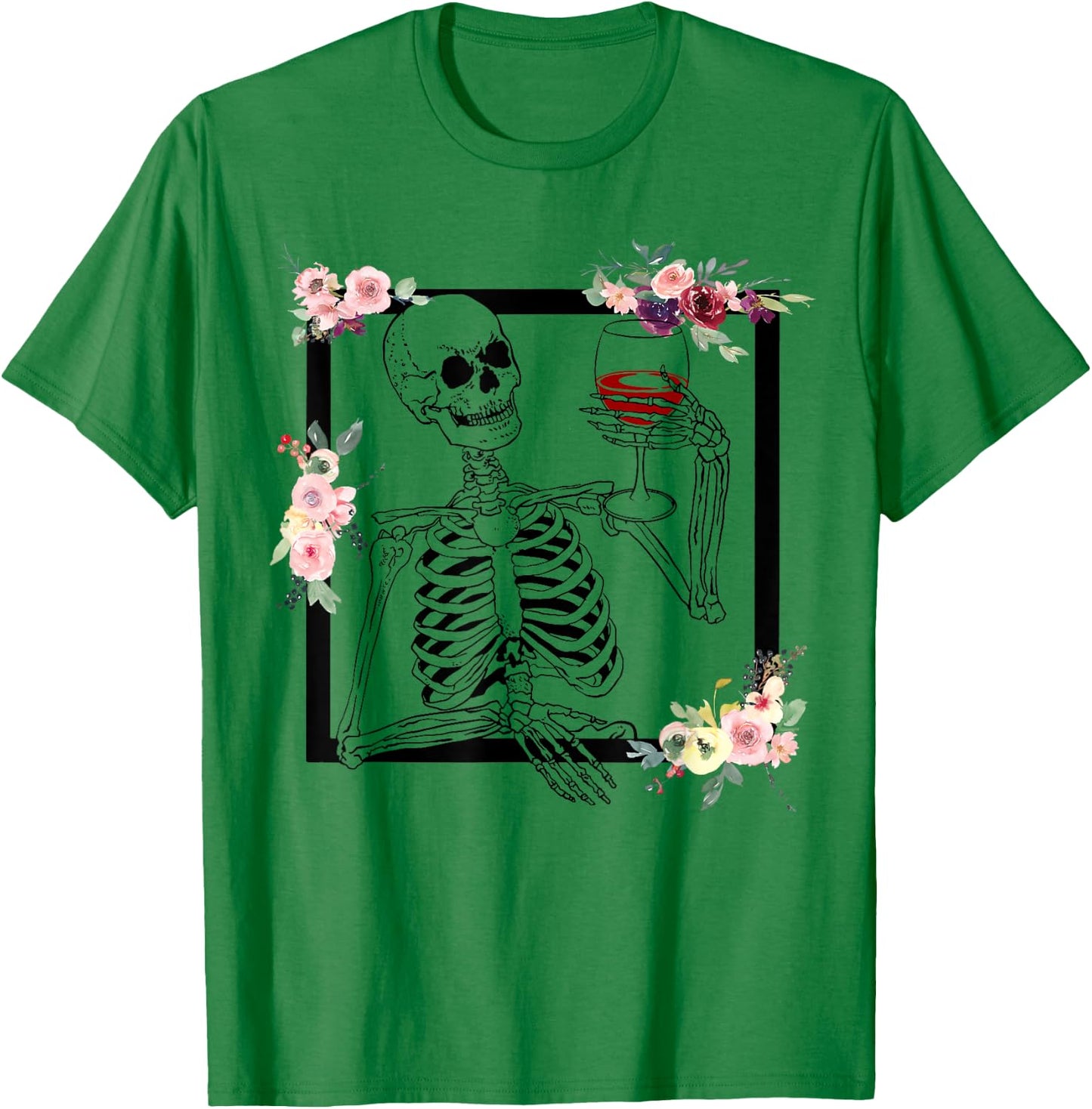 Halloween Funny Hallo-Wine Floral Skeleton Drinking Wine T-Shirt - T-Shirt | Irish Green