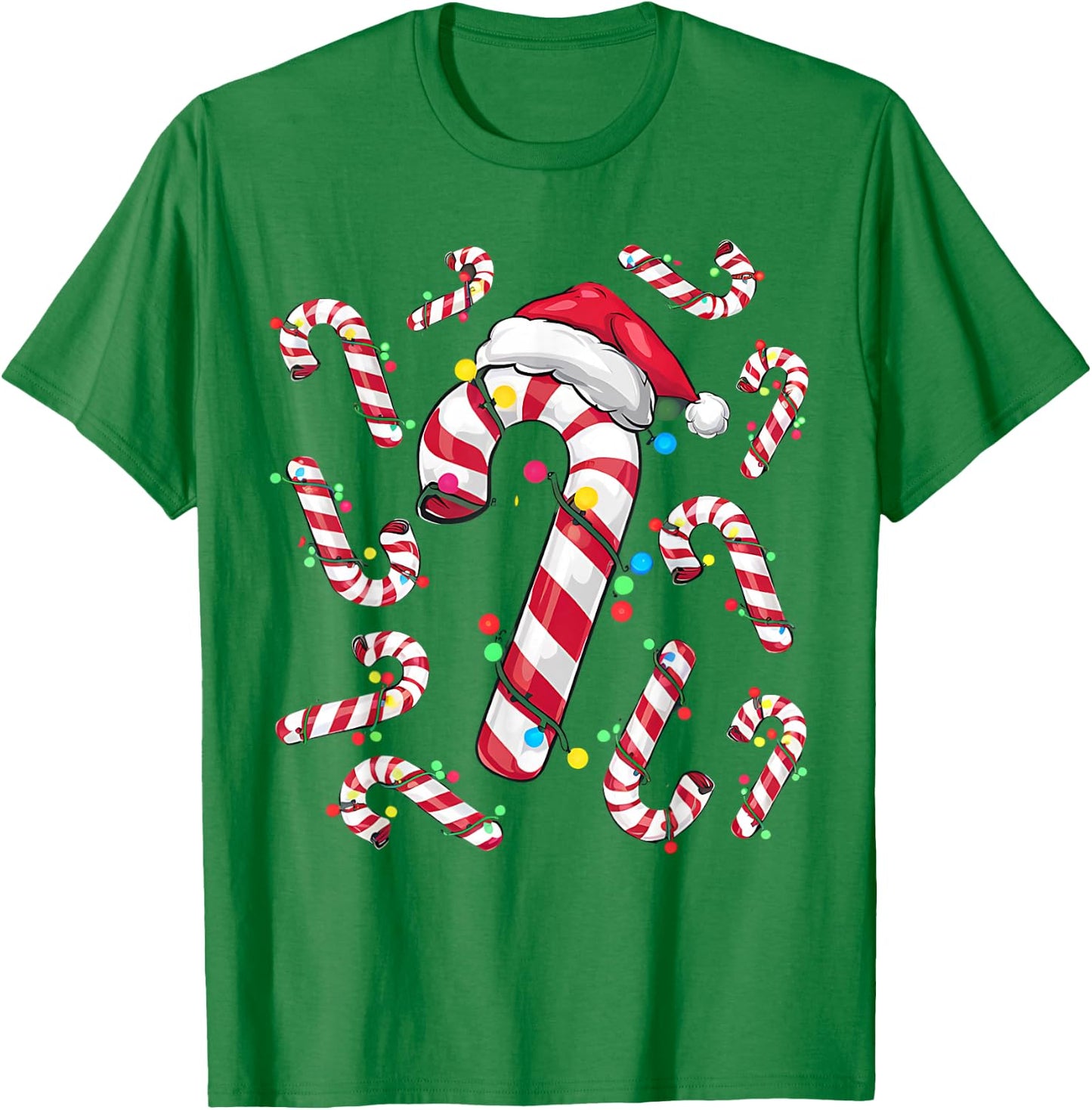 Cute Christmas Candy Cane Santa Hat and Christmas Lights T-Shirt - T-Shirt | Irish Green