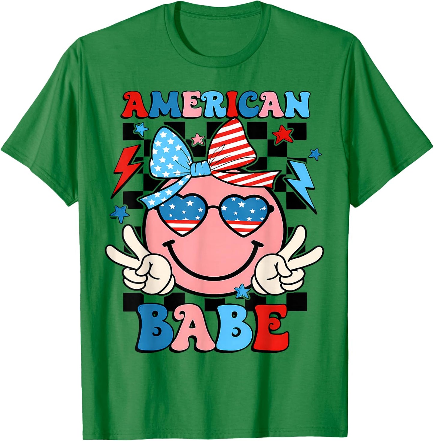 Checkered American Dude US Flag Bow Girl 4th of July T-Shirt - T-Shirt | Irish Green
