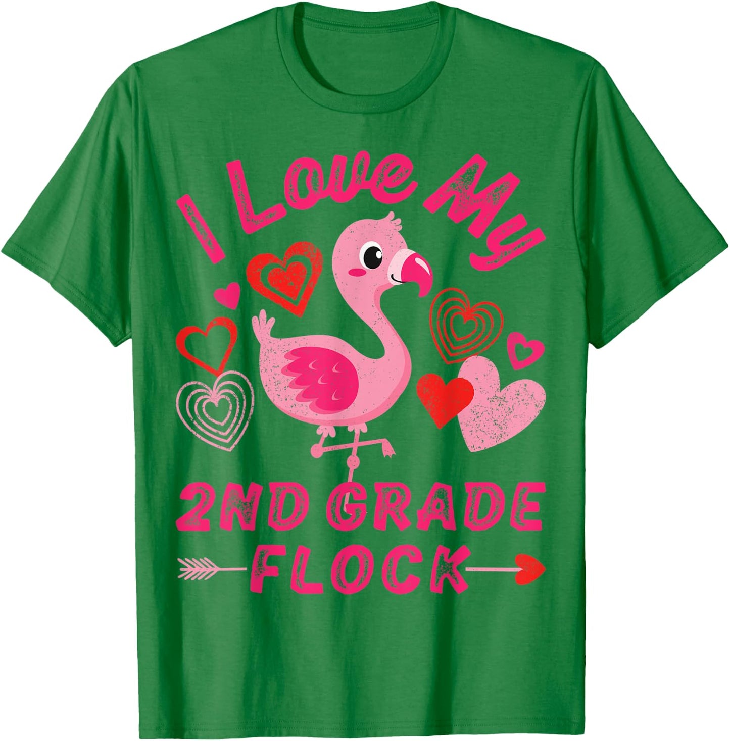 Love My 2nd Grade Flock Flamingo Second Grade Heart Teacher Men Women T-Shirt - T-Shirt | Irish Green