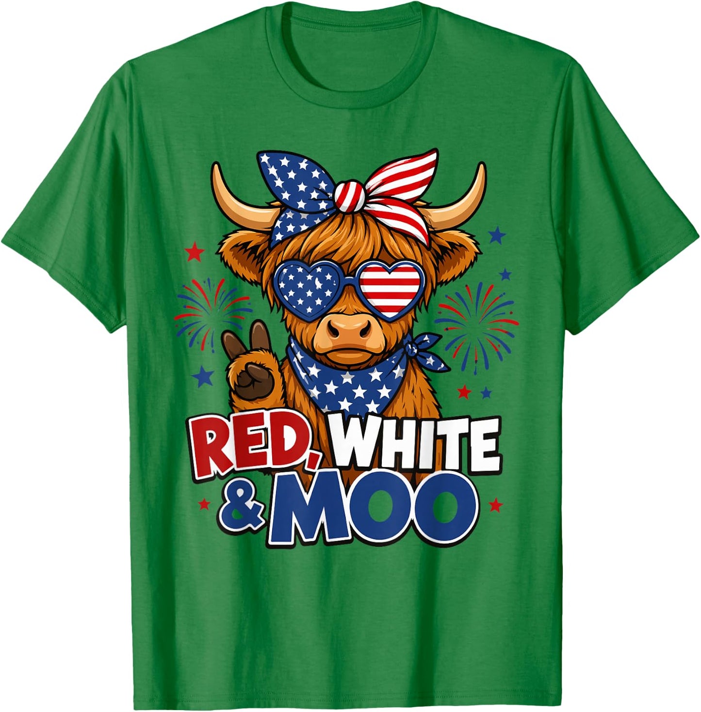 Red White & Moo Highland Cow 4th of July American Flag Women T-Shirt - T-Shirt | Irish Green
