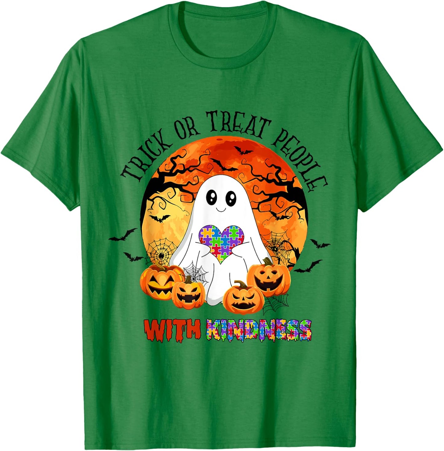 Trick or Treat People With Kindness Halloween Autism T-Shirt - T-Shirt | Irish Green