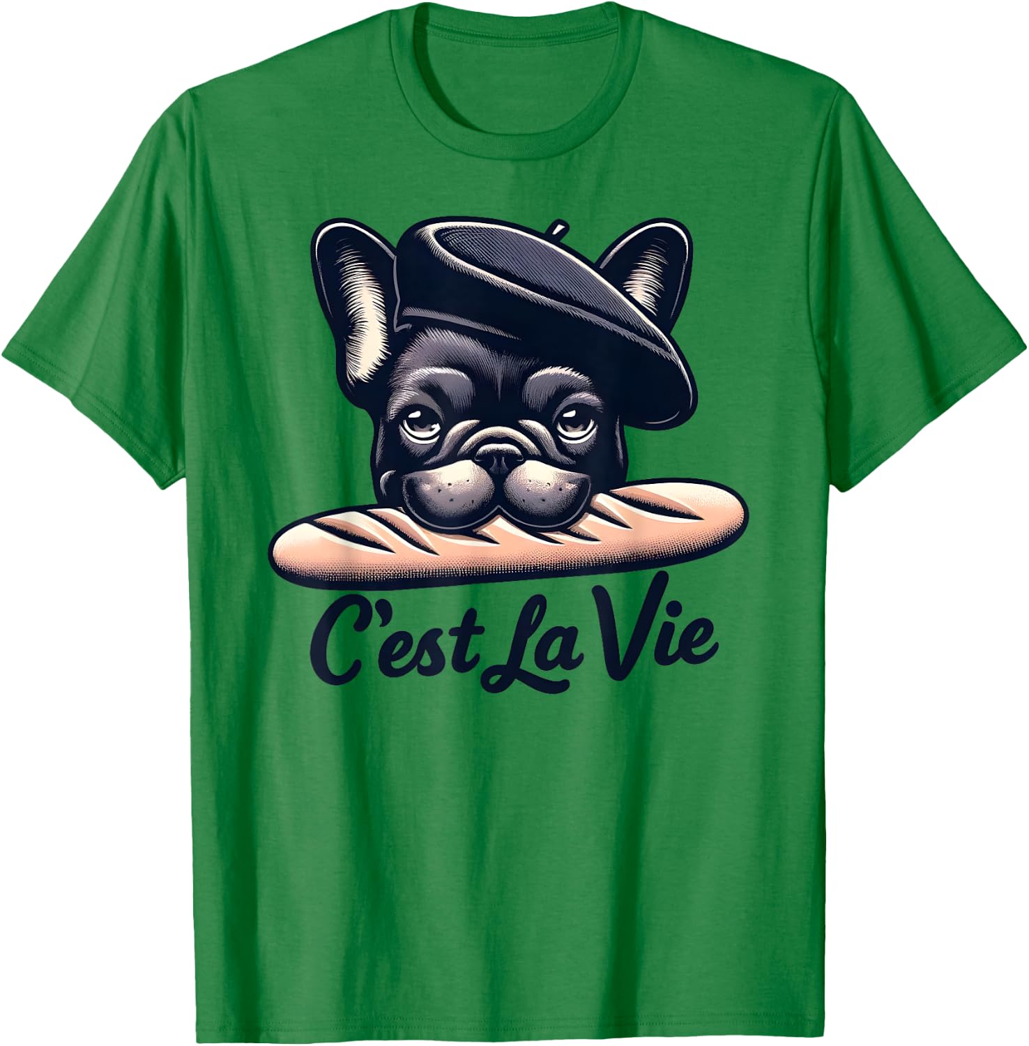 French Bulldog C'est La Vie Baguette Humour Beret Art , white, S T-Shirt - T-Shirt | Irish Green