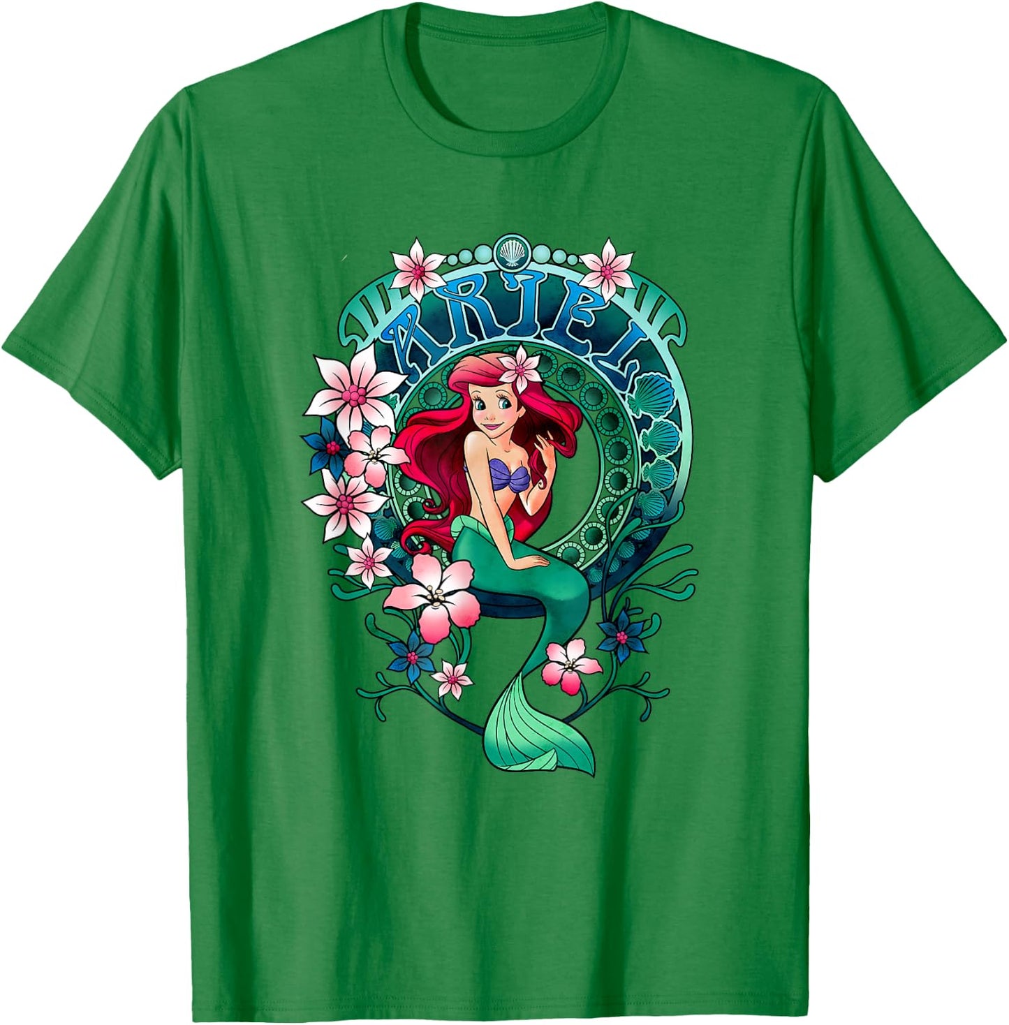 Disney The Little Mermaid Vintage Ariel Floral Nouveau T-Shirt - T-Shirt | Irish Green